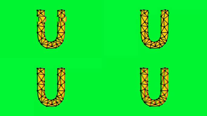 多边形字母u动画与故障效果的绿色背景，4k分辨率视频，文本运动图形