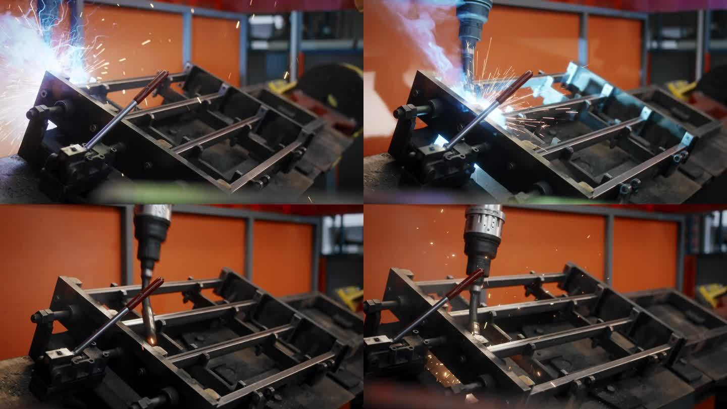 在金属框架上工作的自动焊机。