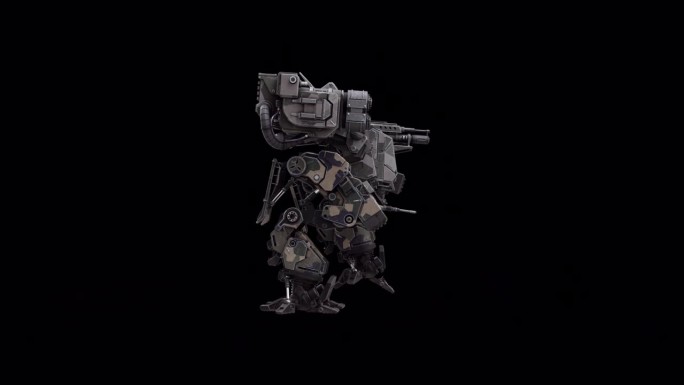 详细的3D机器人模型，战士未来机器渲染动画，从左到右的侧面视图，深色背景叠加视频用于阿尔法哑光混合，