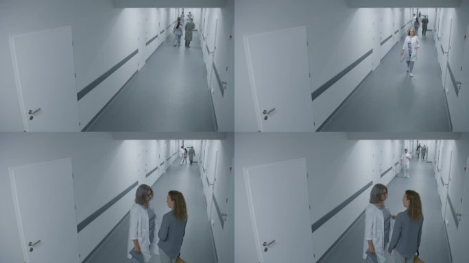 繁忙的医院走廊:不同的医生，护士和病人走