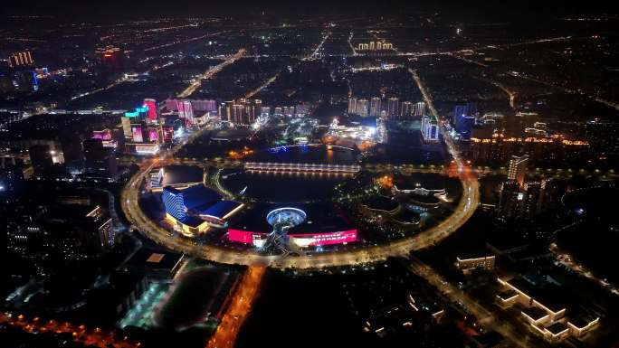 航拍扬州西区明月湖大桥夜景京华城商圈全景