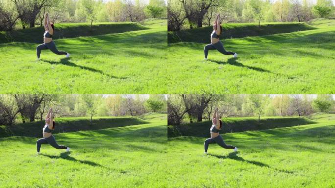 阳光明媚的一天，在公园的绿色草坪上，穿着健身服的年轻超重女子用脚弓步，举起手臂，慢动作。健康的生活方