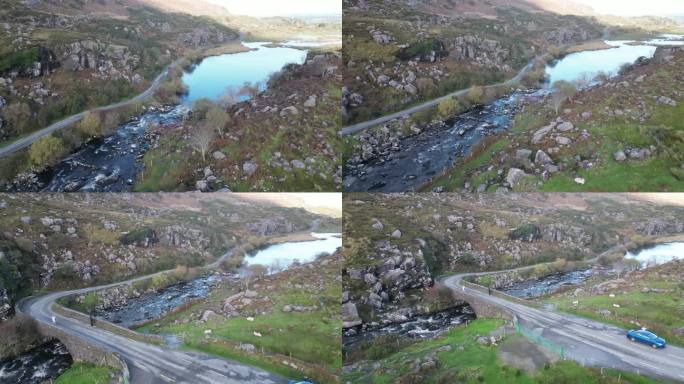 广角无人机拍摄的Dunloe Gap, Bearna或Choimín，爱尔兰克里郡山口。人们在桥上拍