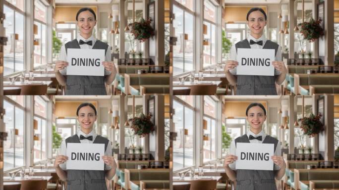 快乐的印度女服务员举着用餐横幅