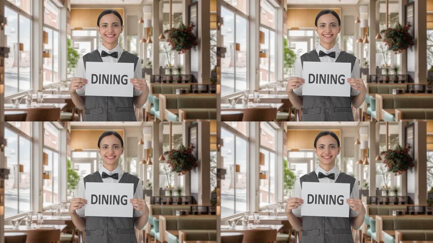 快乐的印度女服务员举着用餐横幅