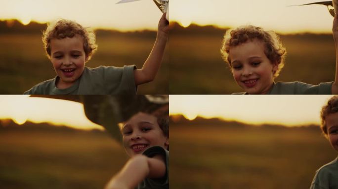 可爱的高加索男孩的特写肖像玩玩具火箭或计划，在田野里奔跑