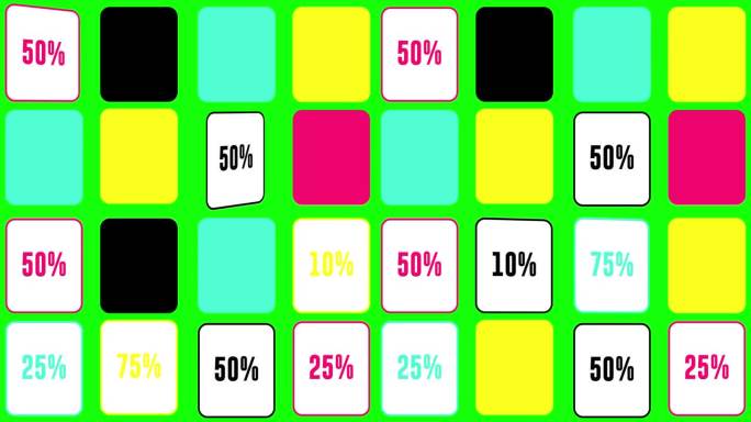 销售概念动画。抽认卡游戏，有10,25,50和75%的折扣。找到您的销售折扣4K分辨率运动设计