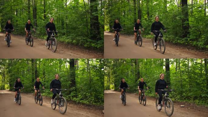 三个快乐的女骑手在夏天骑在森林里，快乐的周末在大自然中，积极的消遣