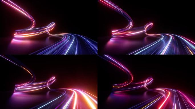 循环3d动画。抽象的霓虹背景。动态的线条在黑暗的房间里与地板反射发光。虚拟荧光带环。梦幻般的极简主义