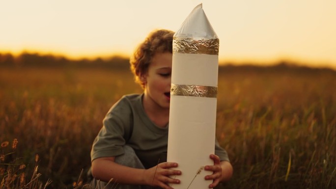 夏天，小男孩在野外玩手工玩具火箭的肖像，未来的宇航员