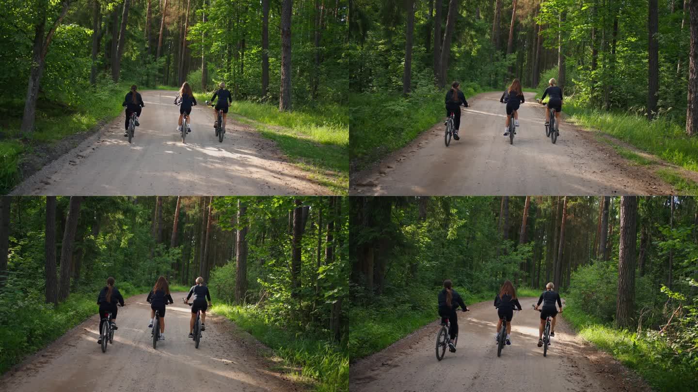 夏日里美丽的森林，三名女骑手，背影，健康的生活方式