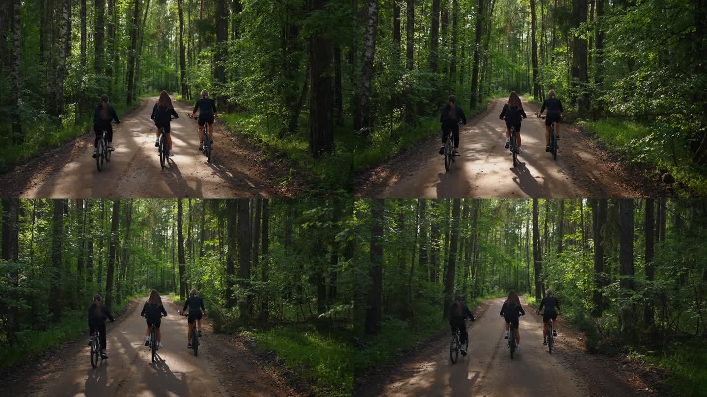 大学生在美丽的夏日森林里骑自行车，后景