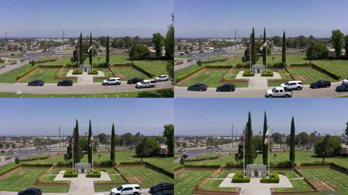 加州太平间老兵战争纪念碑的空中特写和推挤镜头。4 k