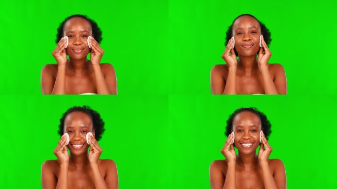 美女，黑人女性的脸和绿色的屏幕用化妆棉护肤和皮肤科。工作室，非洲女模特微笑和肖像与铬背景化妆品和面部