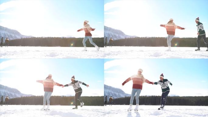 幸福的年轻夫妇手牵手在冰湖上滑冰，享受冬天的乐趣