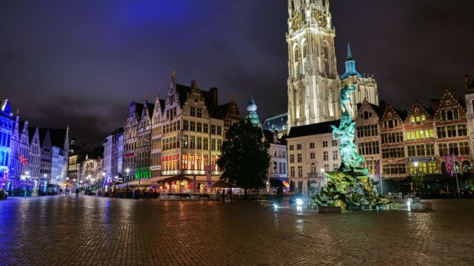比利时安特卫普外国街着人流延时夜景
