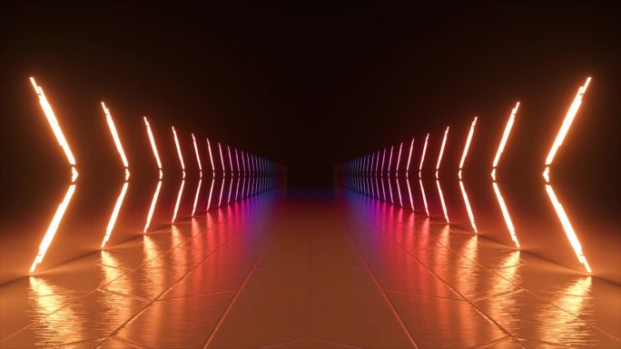 霓虹灯发光线交替点亮，在黑暗的背景上形成一条走廊。红橙绿灯。三维动画