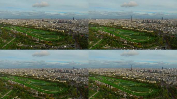 从空中俯瞰法国巴黎。在城市的背景中可以看到拉德芳斯区和埃菲尔铁塔