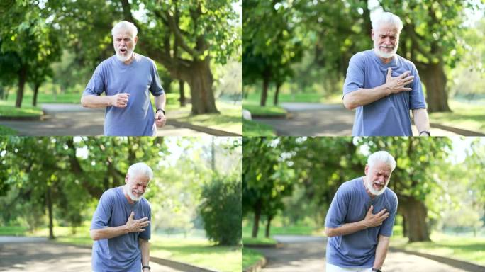 一位年长的、活跃的、灰头发、胡子的男子在跑步时心脏病发作