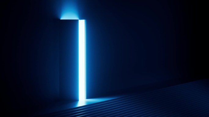 3 d动画。黑暗的房间里有两扇门打开，有台阶，明亮的蓝光从门口照进来。出路概念，解决隐喻。现代最小几