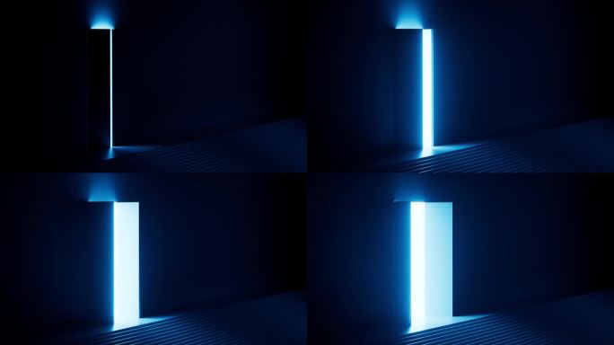 3 d动画。黑暗的房间里有两扇门打开，有台阶，明亮的蓝光从门口照进来。出路概念，解决隐喻。现代最小几