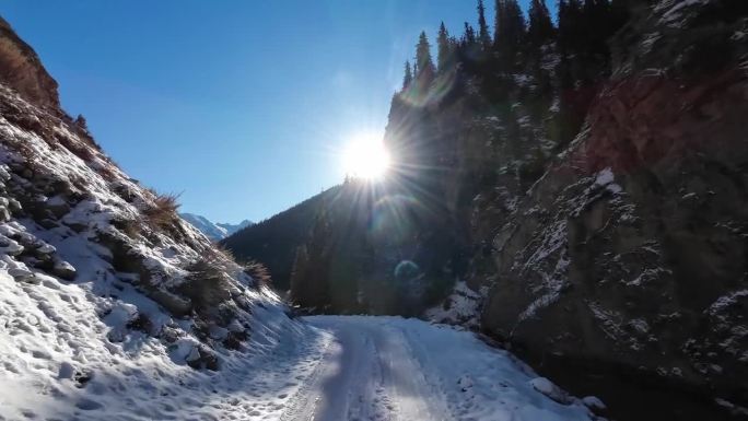 在雪地上的车辙上行进，穿过狭窄的峡谷，在布满云杉林的冬季岩石中穿行