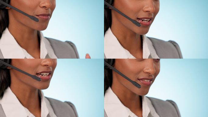 呼叫中心，口头和女性咨询在演播室的客户服务，常见问题咨询或IT问题。电话营销人员的脸、嘴唇或特写，蓝