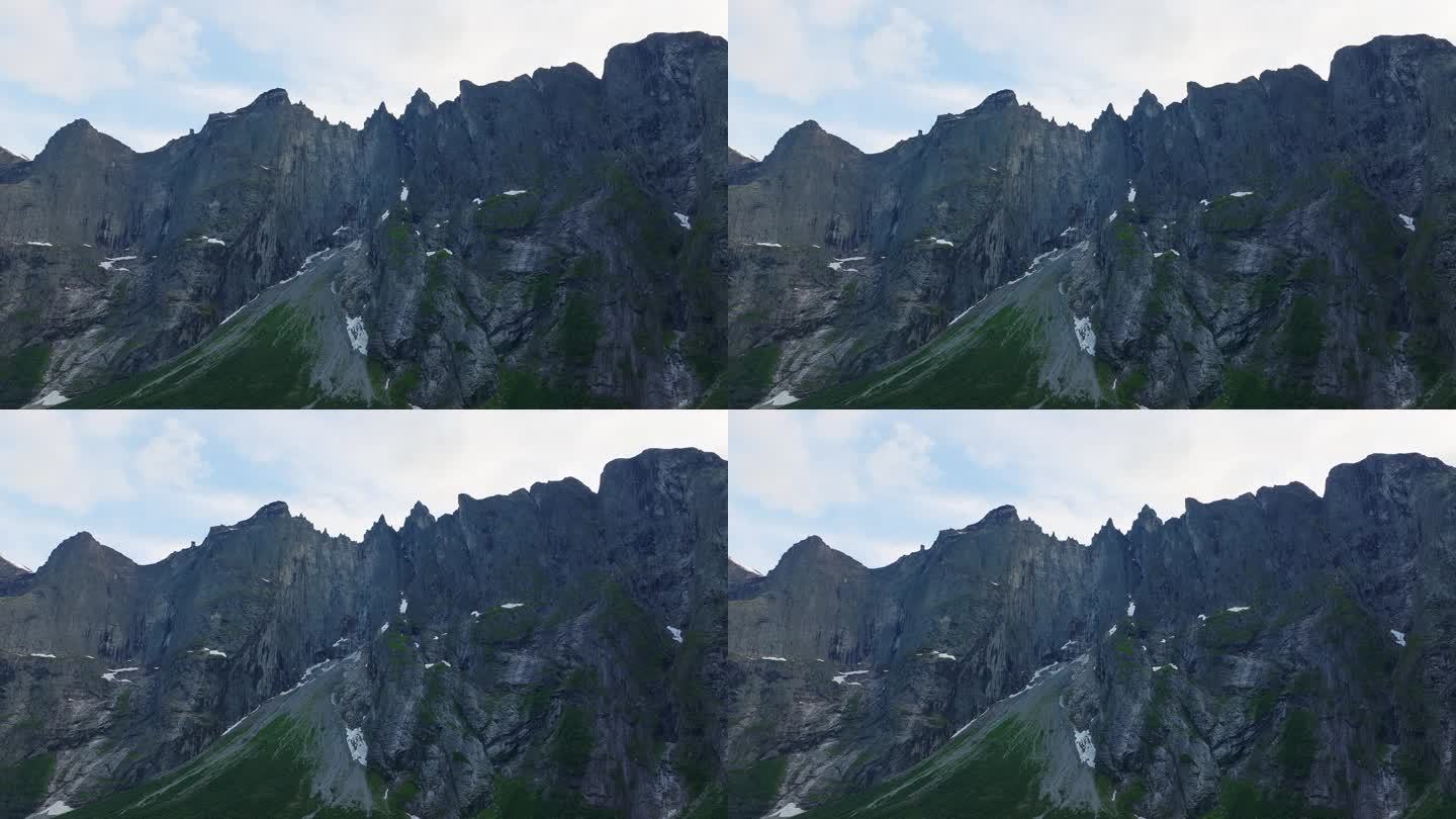 挪威Romsdal的陡峭悬挑岩石表面。空中
