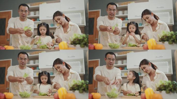 快乐的家庭时刻:父母教孩子准备新鲜蔬菜沙拉的艺术。