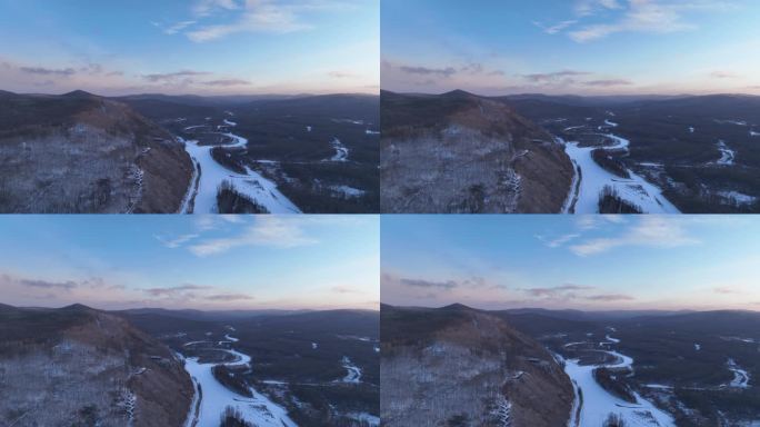 航拍大兴安岭黎明林海雪原雪河