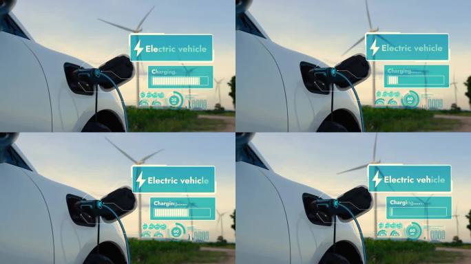 电动汽车从风力涡轮机农场的充电站充电。细读