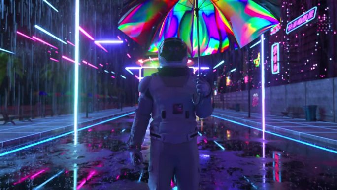 宇航员在雨中行走在夜晚的未来城市。闪闪发光的雨伞。太空服。塞伯朋克。霓虹灯3D动画