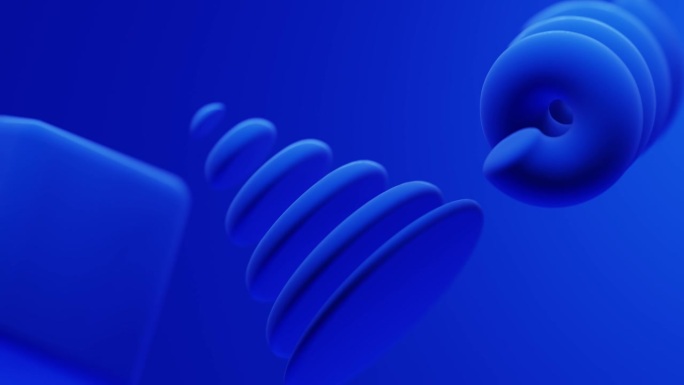 抽象许多蓝色的形状飞行旋转在蓝色的背景，循环，4k分辨率