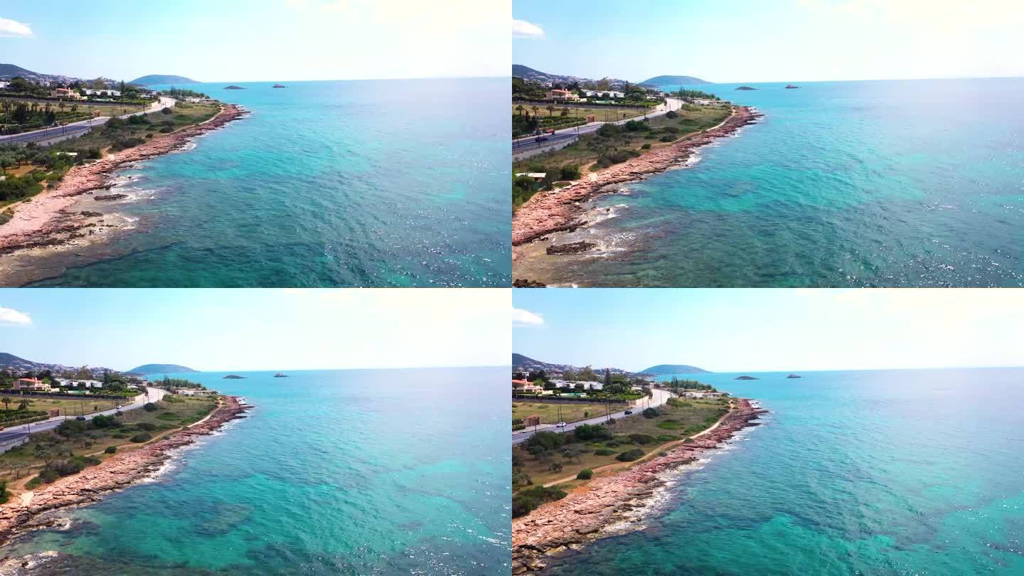 由无人机拍摄的阿提卡苏尼奥爱琴海海岸令人惊叹的绿松石水。