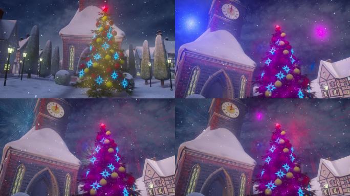 圣诞快乐，新年快乐动画。一个欧洲小镇，在下雪的冬夜，圣诞树和房屋都被照亮了。圣诞老人提着一个装满礼物