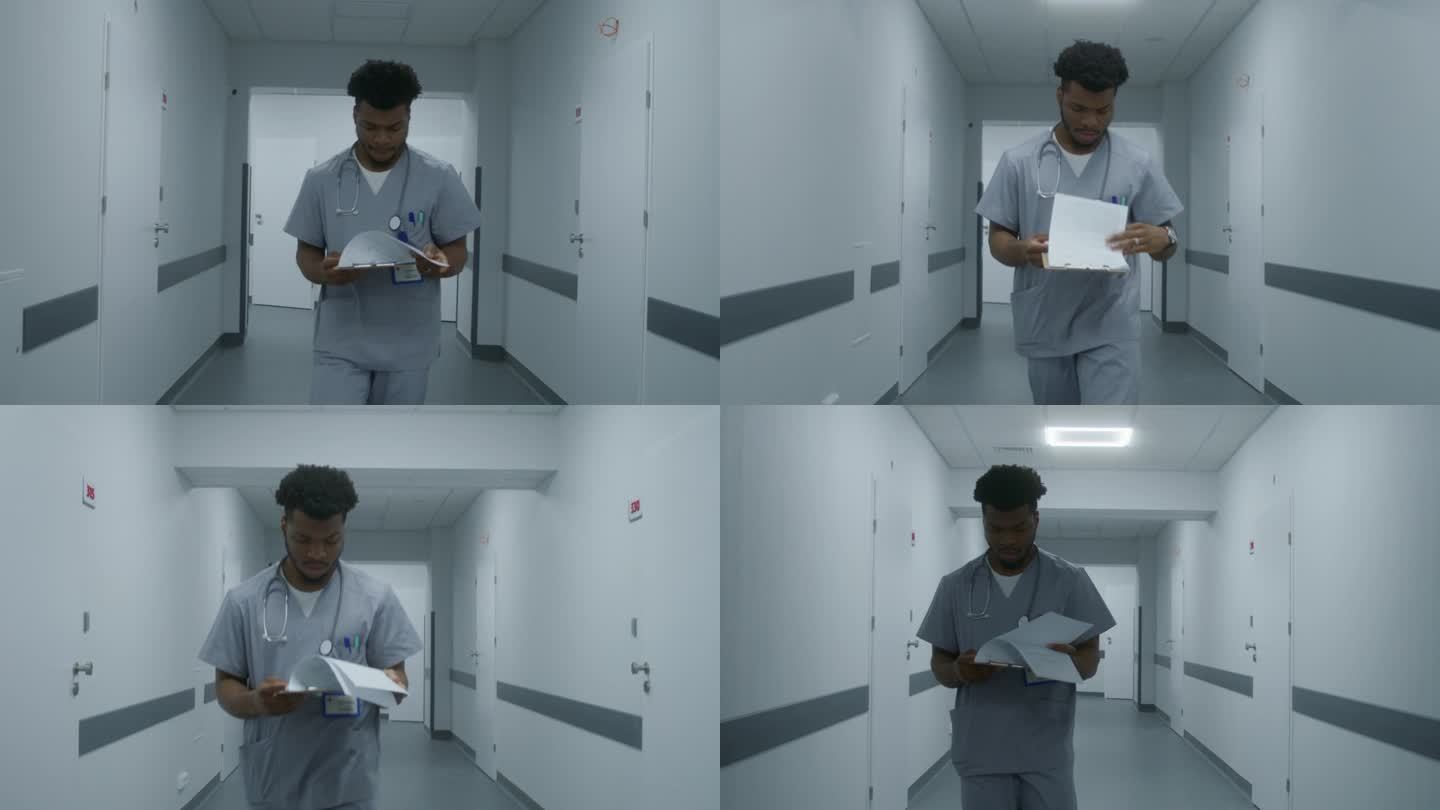 医生在走廊里研究病人的病史