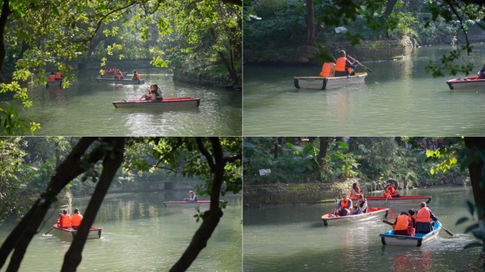 公园游客周末休闲度假亲子活动划船