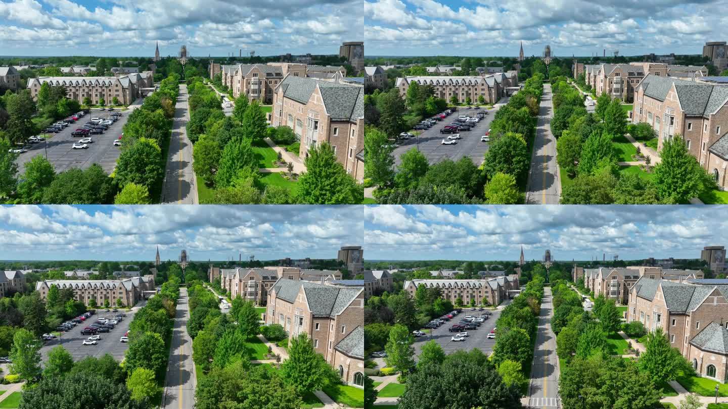 印第安纳州圣母大学北圣母大道。哥德式宿舍和学术建筑的航拍图。夏天绿树成荫的道路。