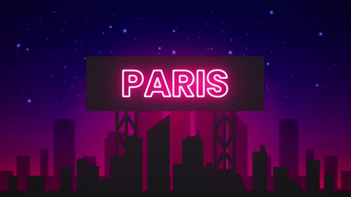 巴黎霓虹灯招牌。生动的夜间广告，夜光横幅设计，霓虹灯招牌创作。