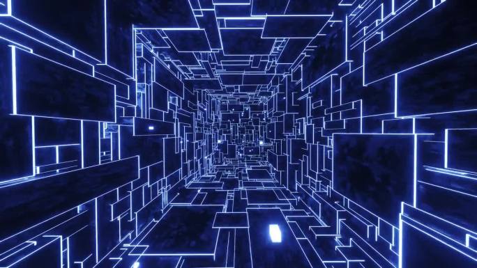 飞过一个发光的蓝色迷宫。无限循环动画