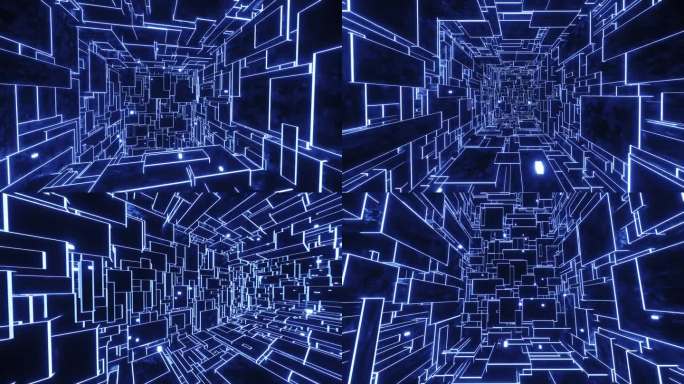 飞过一个发光的蓝色迷宫。无限循环动画
