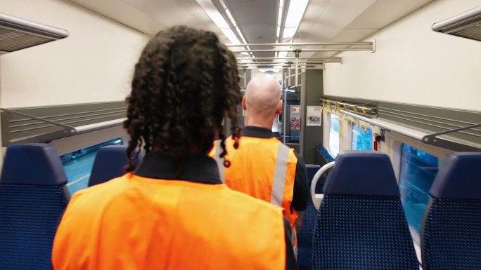 两名工程师在铁路车间检查车厢内部的后视图
