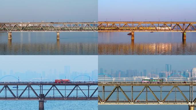 杭州钱江一桥绿皮火车汽车航拍跟车