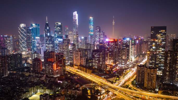 广州城市建筑夜景延时