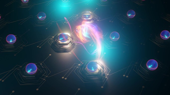 量子计算机内部。量子计算，工作中的电路——叠加和纠缠，用布洛赫球表示的量子位态，三维渲染