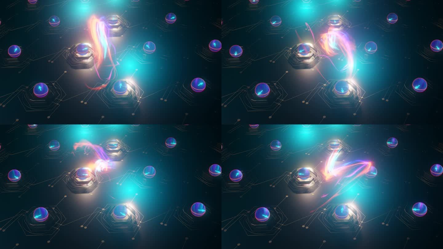 量子计算机内部。量子计算，工作中的电路——叠加和纠缠，用布洛赫球表示的量子位态，三维渲染