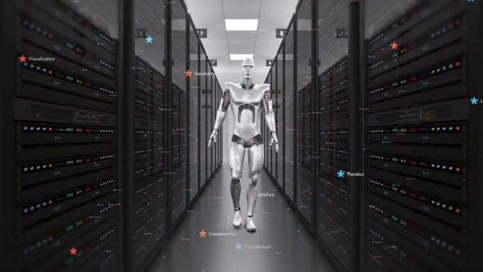 未来的AI机器人在现代服务器机房行走。
