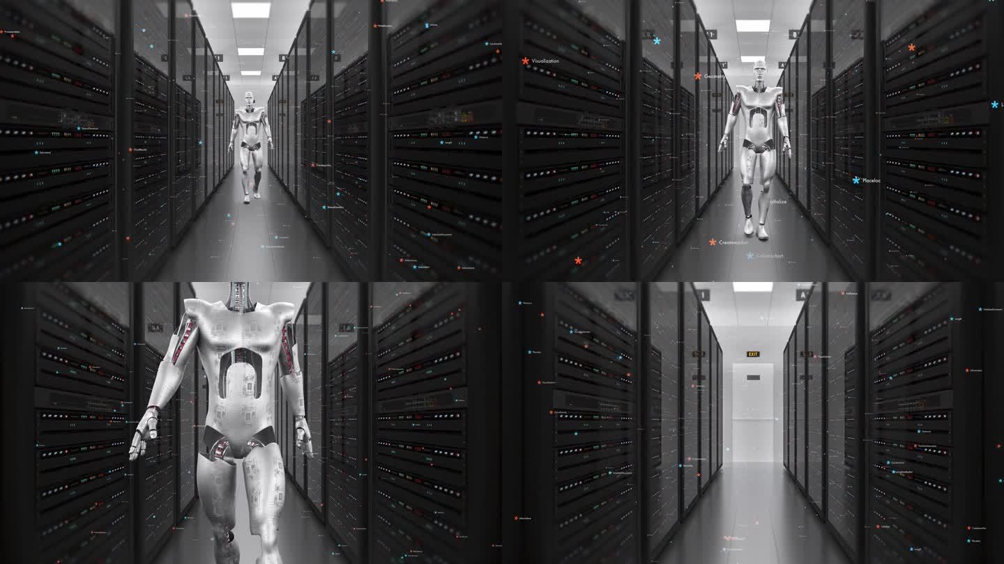 未来的AI机器人在现代服务器机房行走。