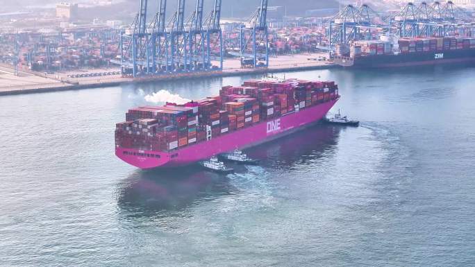 ONE粉色超大型集装箱船货轮进港