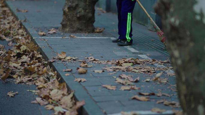 (4k原创)秋天扫树叶 落叶 清洁 马路